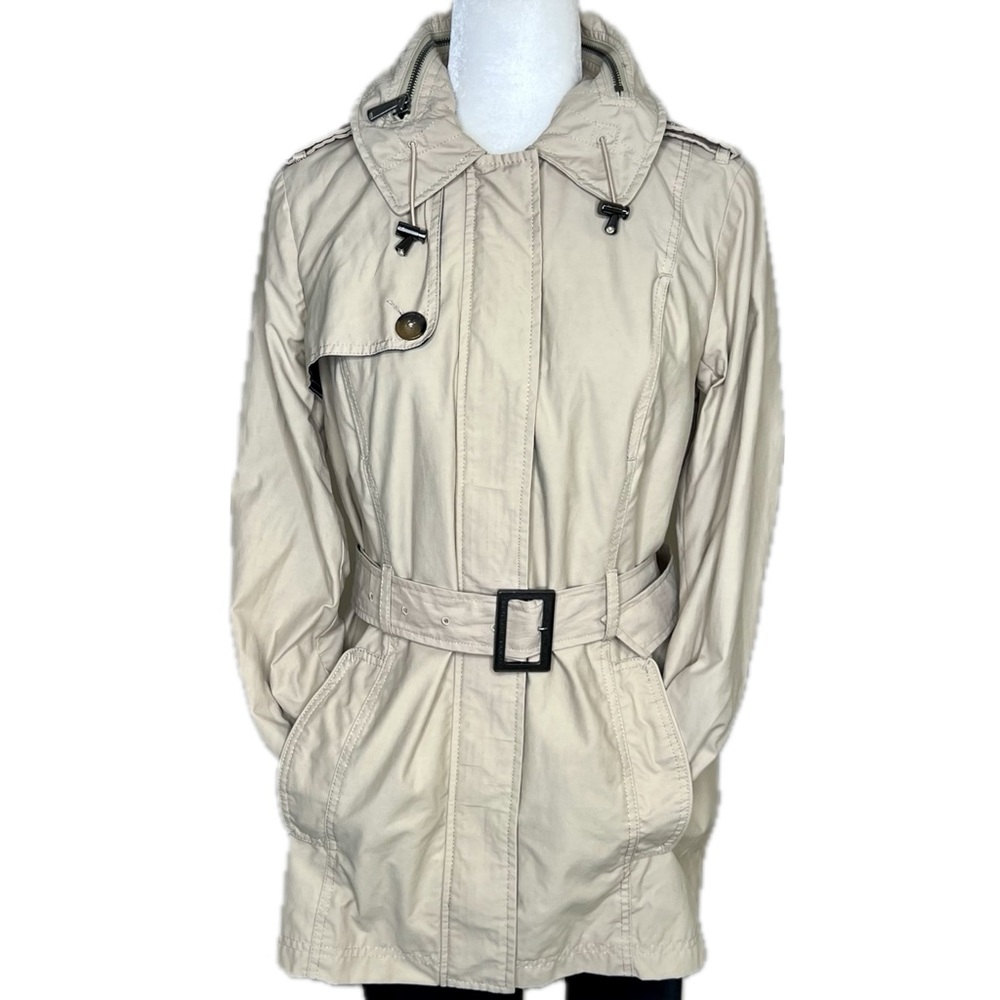 Tommy Hilfiger Trench Coat Belted Jacket Hidden Hood Beige Tan Medium M